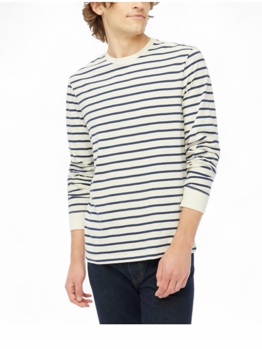 J. Crew Men’s Long Sleeve Striped Tee in Cream and navy